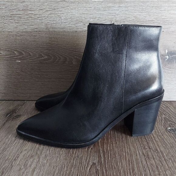 Halogen Bergen Leather Heeled Ankle Boot Black Pointed Toe Mid Calf Women 9.5 - Picture 4 of 13